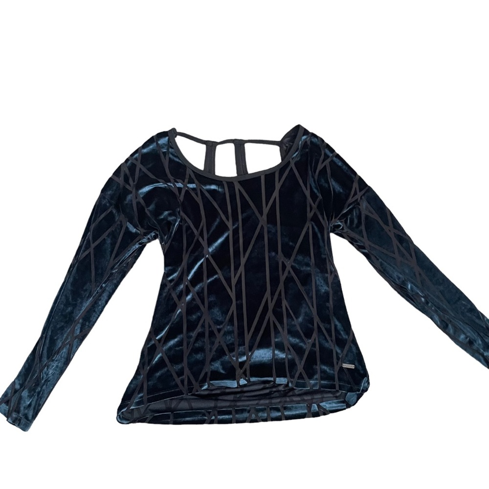 Zobha Navy Blue Open Back Draped Geometric Whimsygoth Sheer Long Sleeve Shirt - Picture 5 of 11